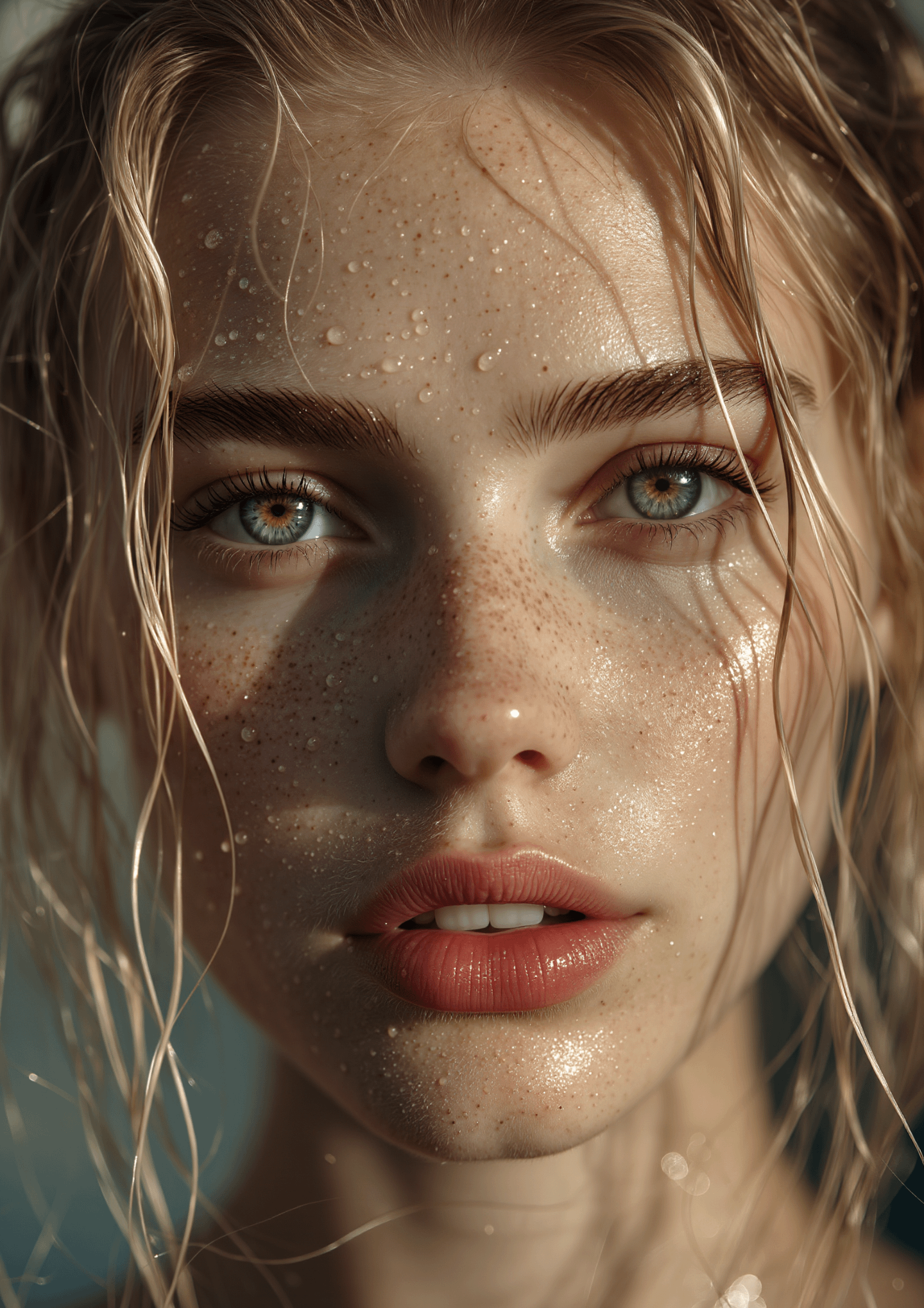 Face With Wet Slicked Back Hair And Freckles