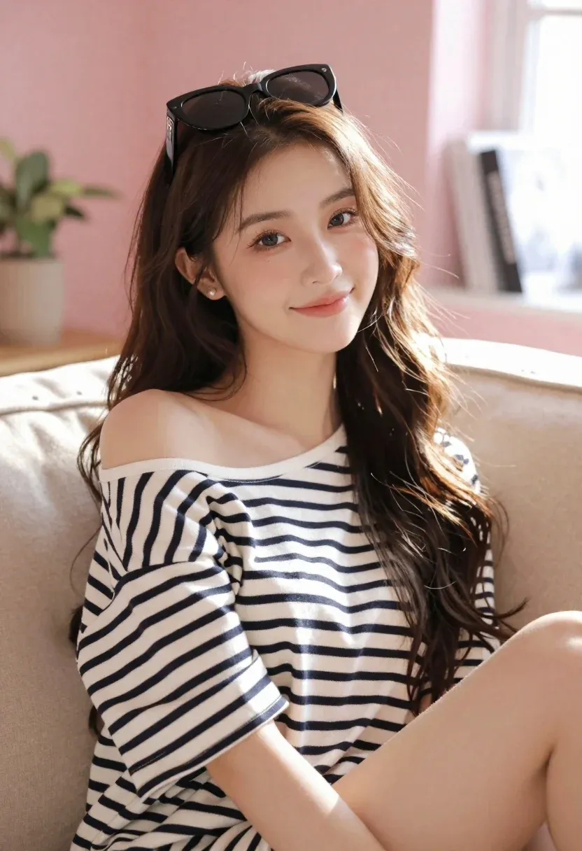 Young Woman With Long Wavy Brown Hair Sits Beige Sofa
