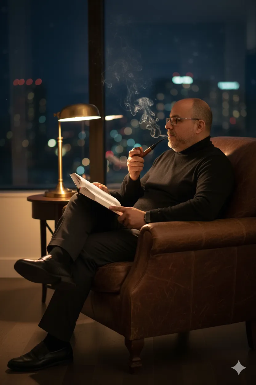 Man Reading By Lamp At Night