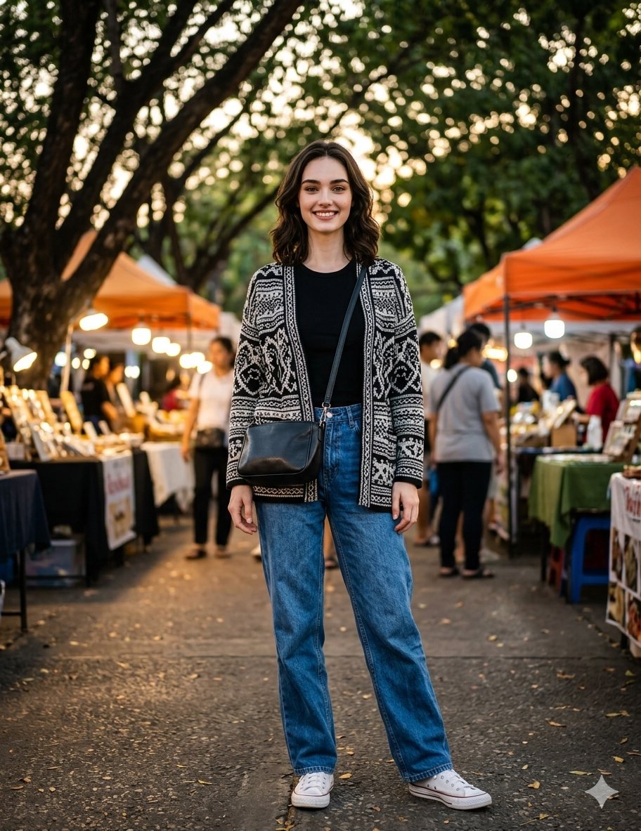 Night Market Ethnic Cardigan Jeans Bokeh