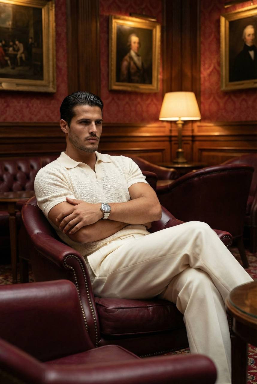 A man sitting relaxed in a deep burgundy leather armchair, arms crossed, in an elegant lounge with warm lighting and vintage decor.