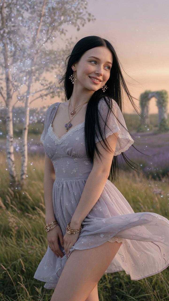 Lavender Field Sunset Chiffon Dress Birch Tree