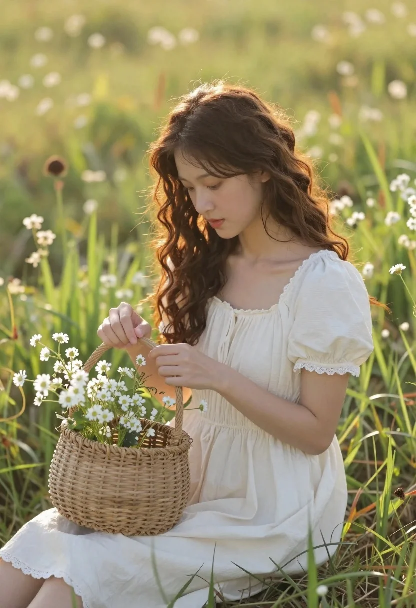 Young Woman With Long Wavy Brown Hair Sits Sunlit Meadow