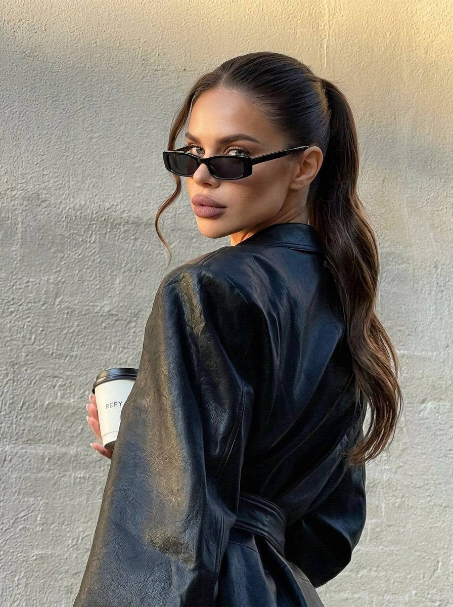 Outfit First And Slim Rectangular Black Sunglasses In Tight