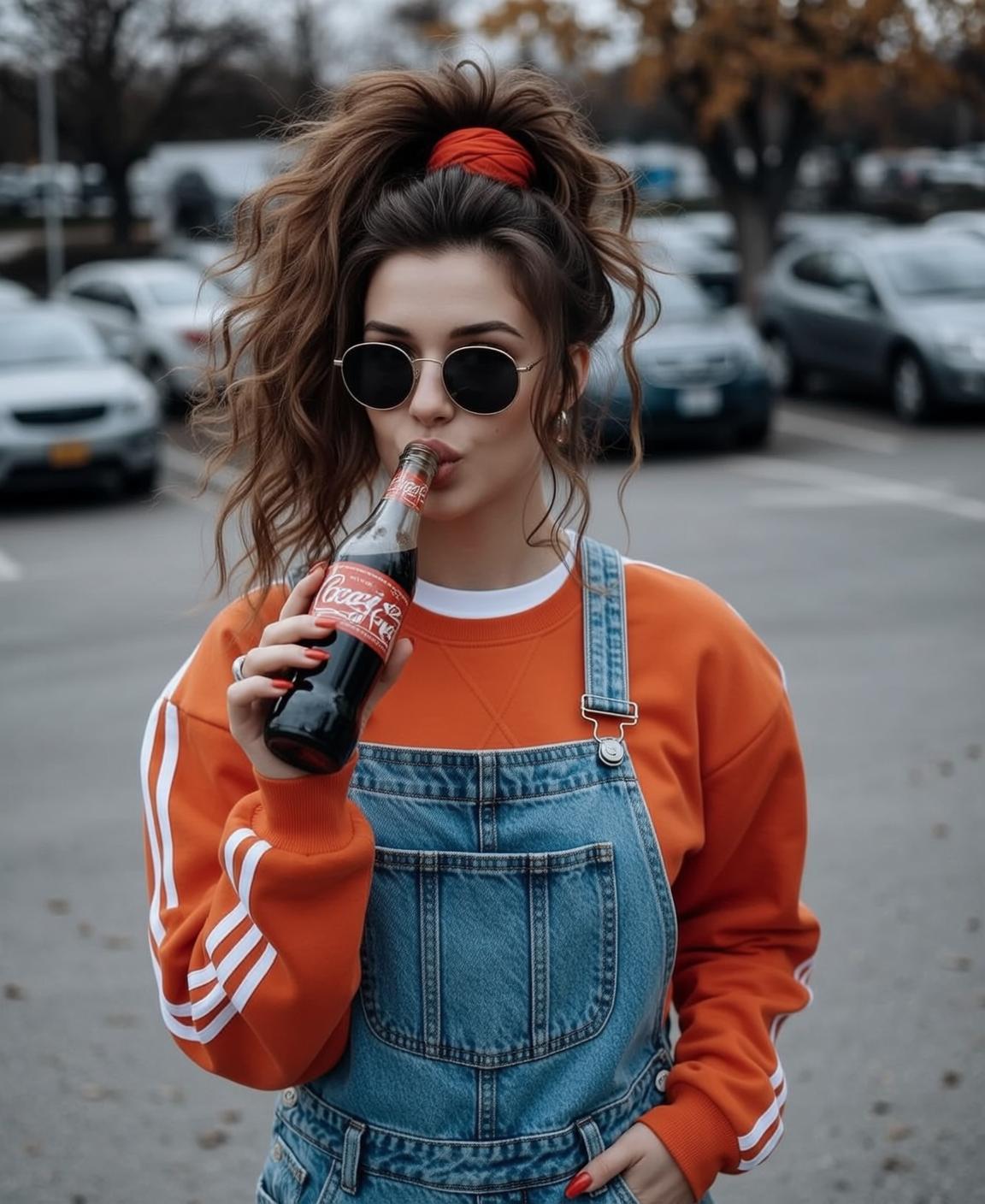 Orange Sweatshirt Denim Overalls Drink