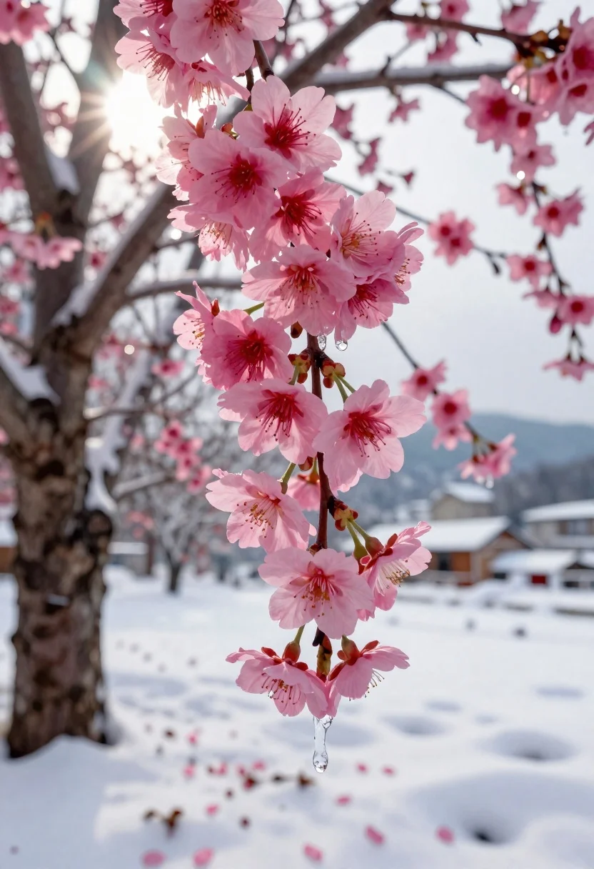 Photorealistic Close-up Pink Cherry Blossoms Hanging From Tree Winter Subject reference photo