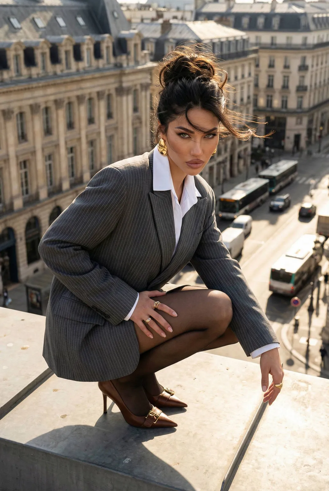Earrings Rings And Makeup Crouching On A Rooftop