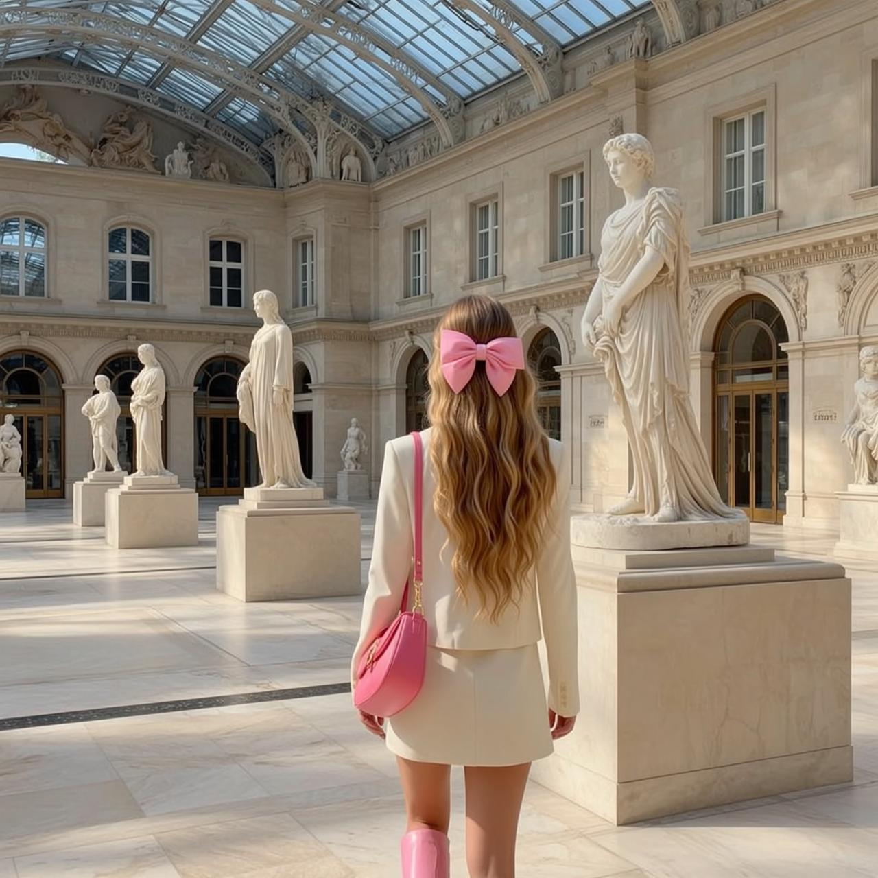 Museum Atrium Blonde Woman White Blazer Pink Boots