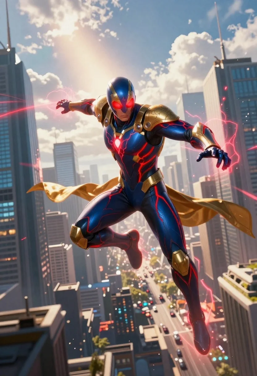 Digital Painting Dynamic Superhero Leaping Through Futuristic Cityscape With Skyscrapers reference photo