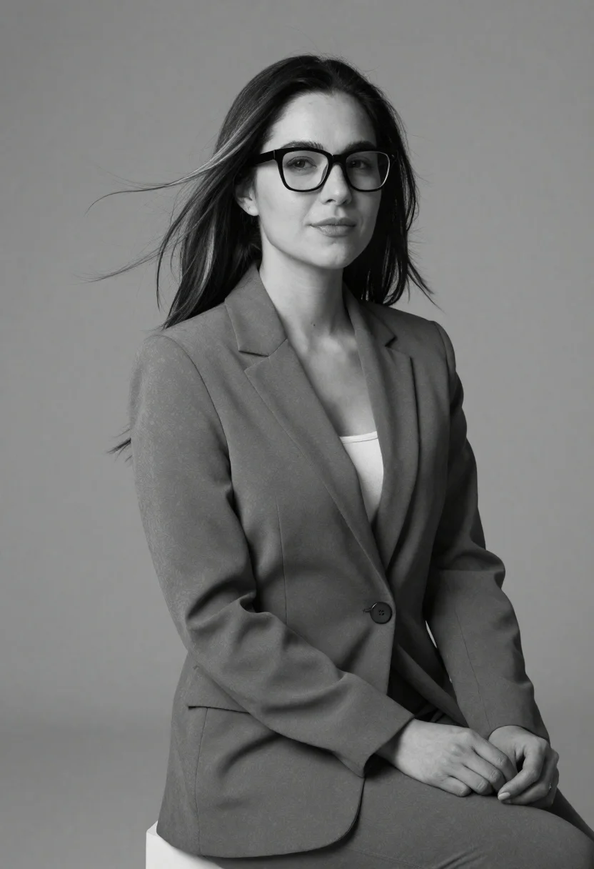 Black And White Studio Portrait Woman Professional Business Attire Against reference photo