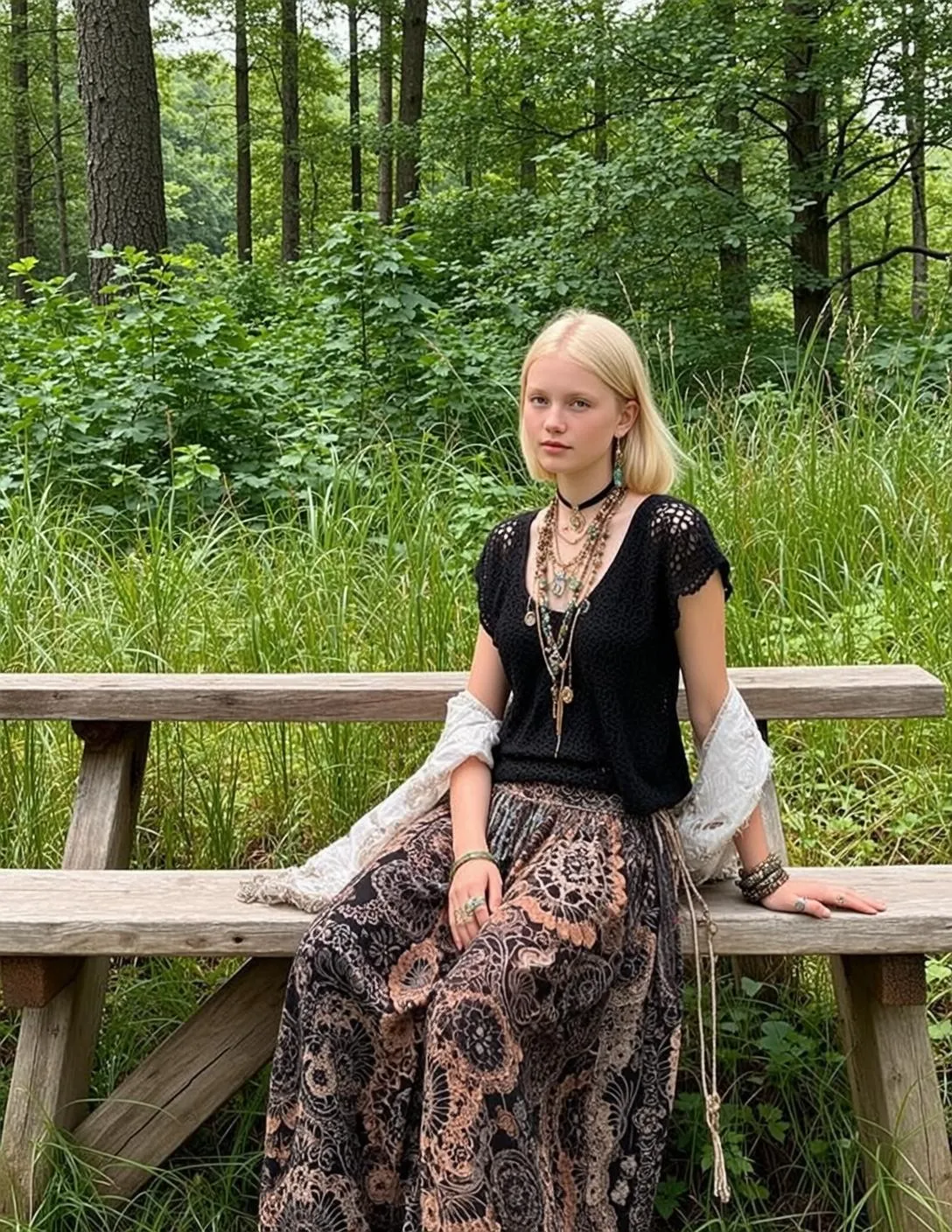 Necklace And Bracelets In Forest Portrait