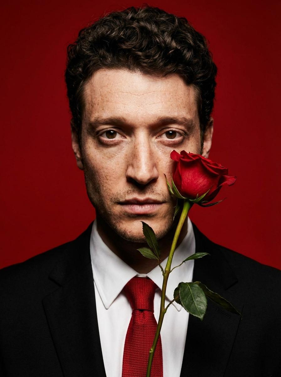 A confident man in a classic jacket holds a red rose close to his face, framed against a deep red background.