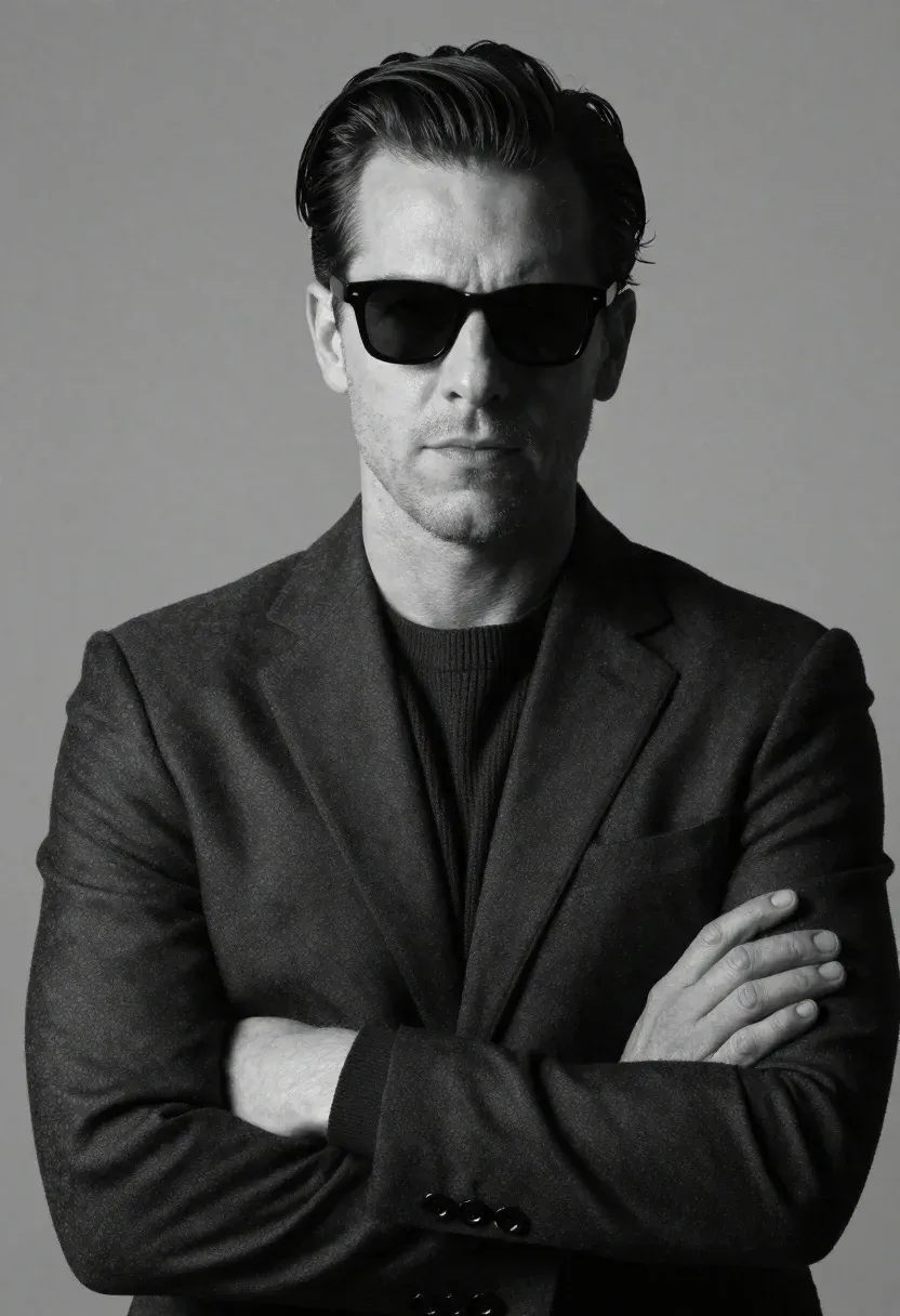 Black And White Studio Portrait Handsome Man Wearing Dark Sunglasses