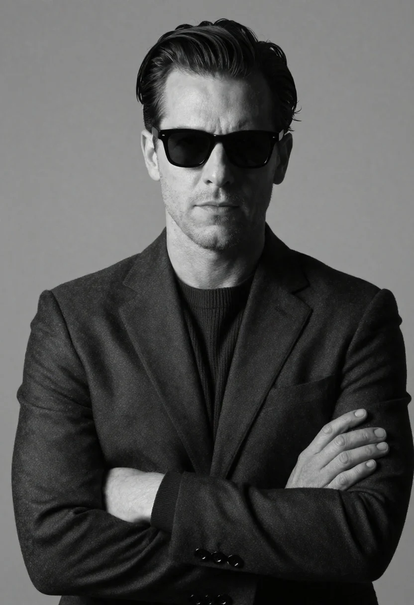Black And White Studio Portrait Handsome Man Wearing Dark Sunglasses reference photo