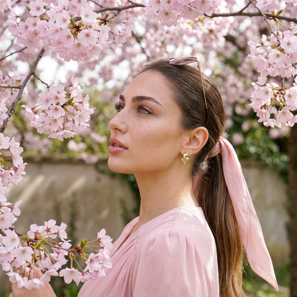 Portrait of a woman named Lily standing beneath cherry blossom branches, with soft pink blouse and serene expression.