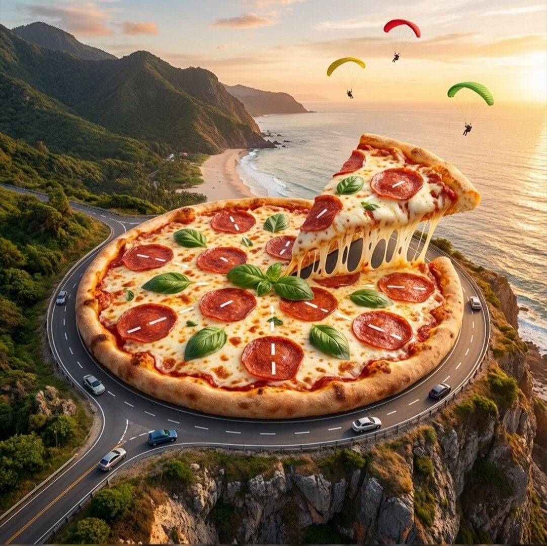 A giant pepperoni pizza forming a winding mountain road under warm coastal sunlight, featuring tiny cars and melted cheese.