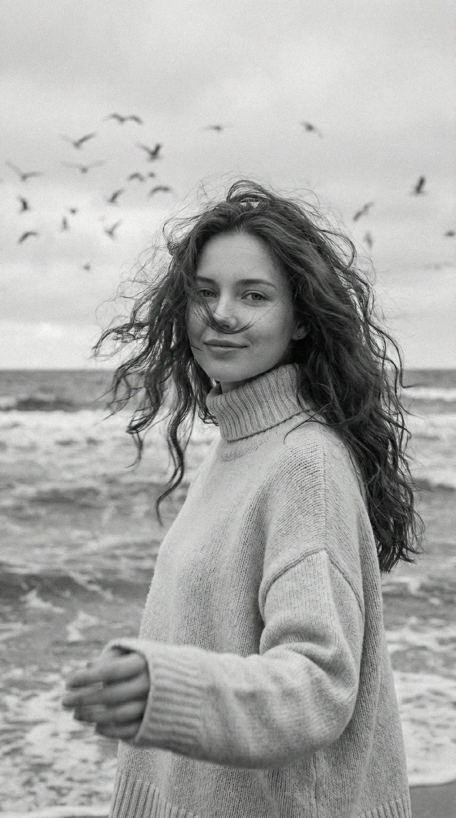 A retro portrait of a woman on the seacoast with wind-swept hair and motion blur on a cloudy day.