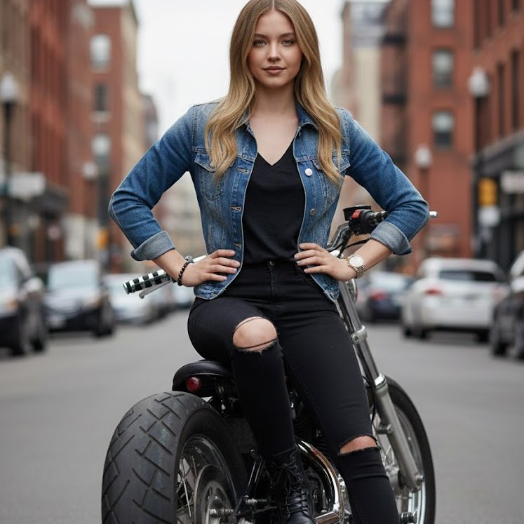 A woman with long wavy brown hair, confidently seated on a motorcycle, wearing a blue denim jacket and striking makeup.