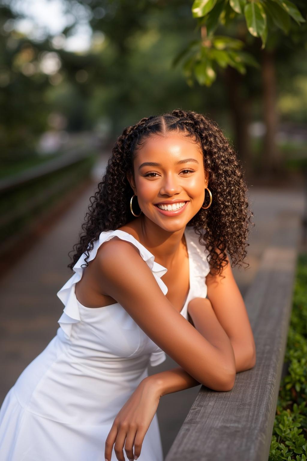 Woman White Dress Wooden Railing Smile
