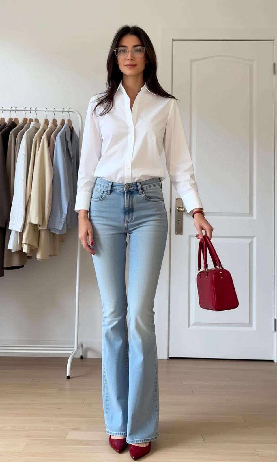 White Shirt Flare Jeans Doorway