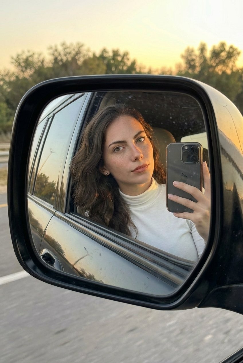 A golden hour selfie reflected in a car's side mirror, showing a person in a relaxed pose with a warm light ambiance.