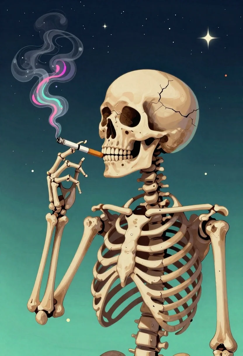 Stylized Digital Illustration Skeleton Smoking Cigarette Against Starry Background Subject reference photo