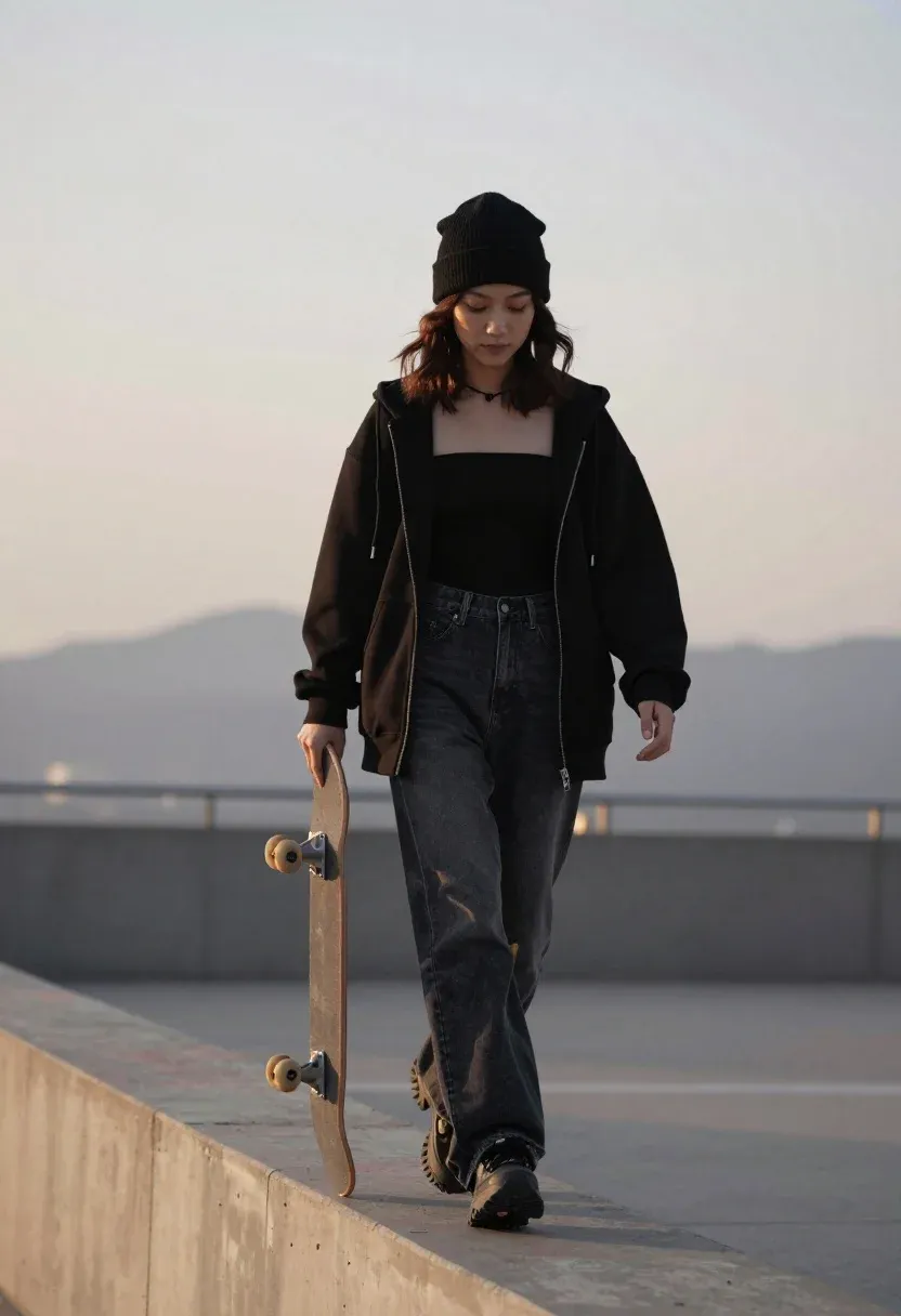 Young Woman Walks Confidently Along Concrete Ledge While Holding Skateboard