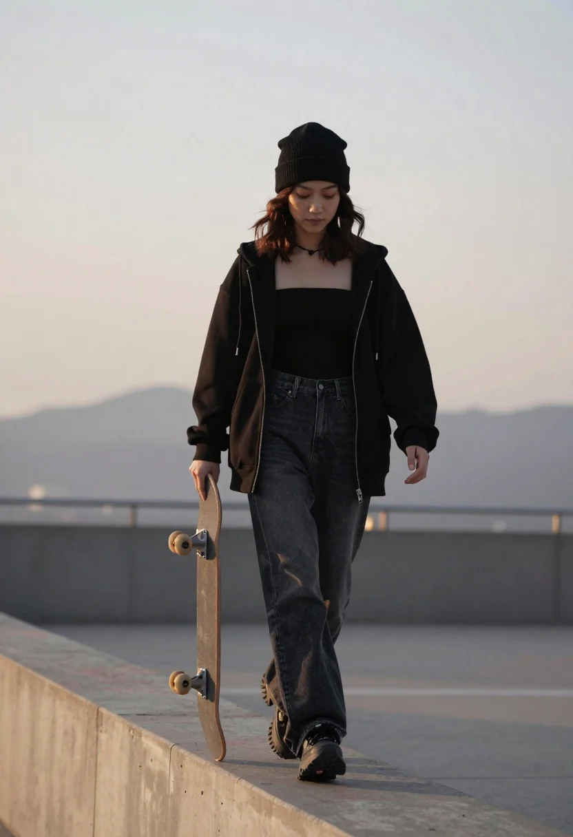 A young woman walks confidently on a concrete ledge, holding a skateboard with soft, warm ambient light enhancing her streetwear style.