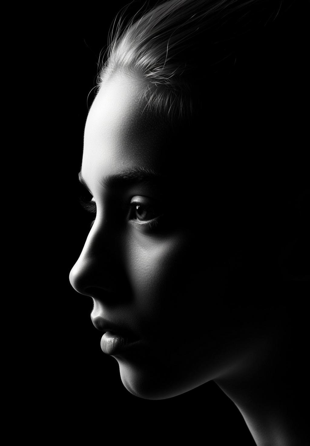 Photorealistic High-contrast Black And White Portrait Young Woman Profile Facing