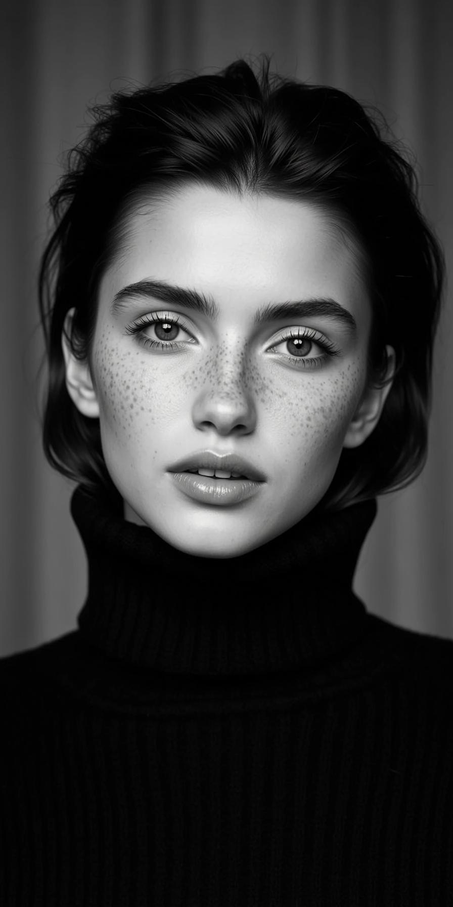 Photorealistic Black And White Head-and-shoulders Portrait Young Woman With Short
