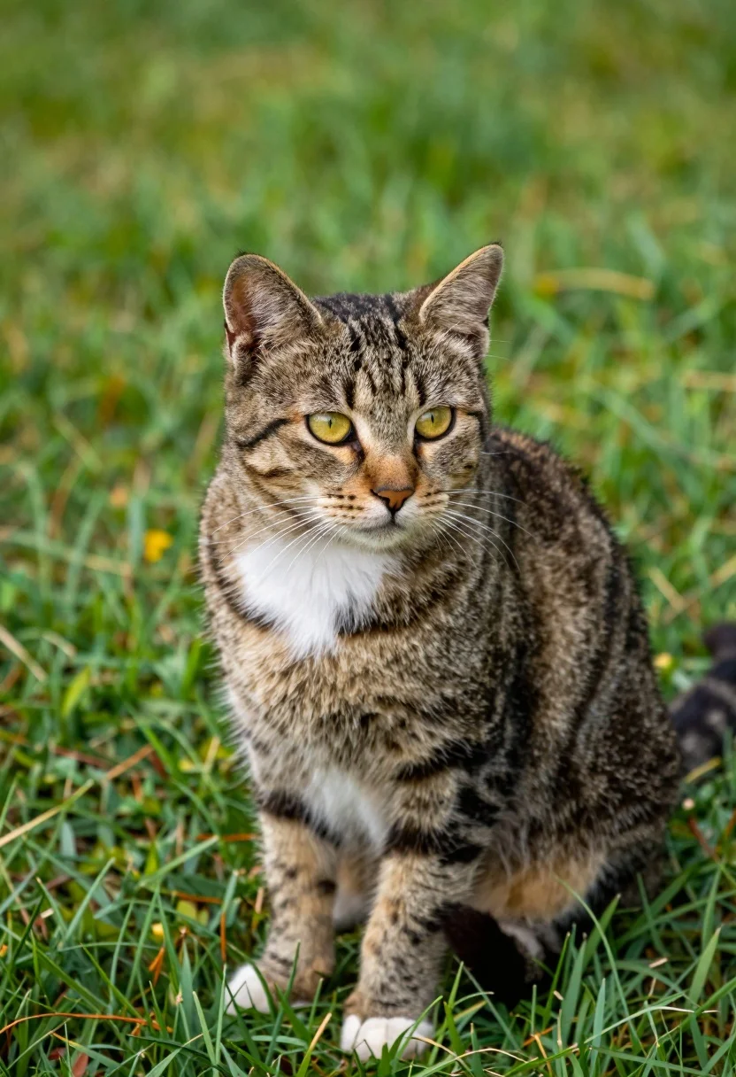 A brown and black striped tabby cat with a white patch sitting alertly on a vibrant green lawn.