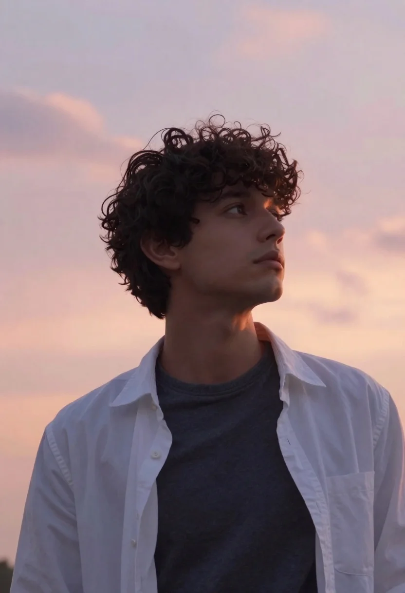 Young Man With Dark Curly Hair Gazes Upward Against Soft