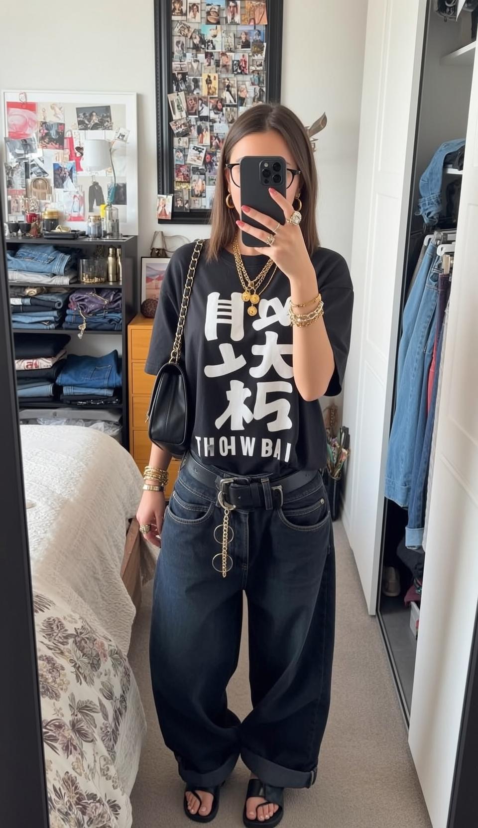 Mirror Selfie Black T Shirt Gold Jewelry