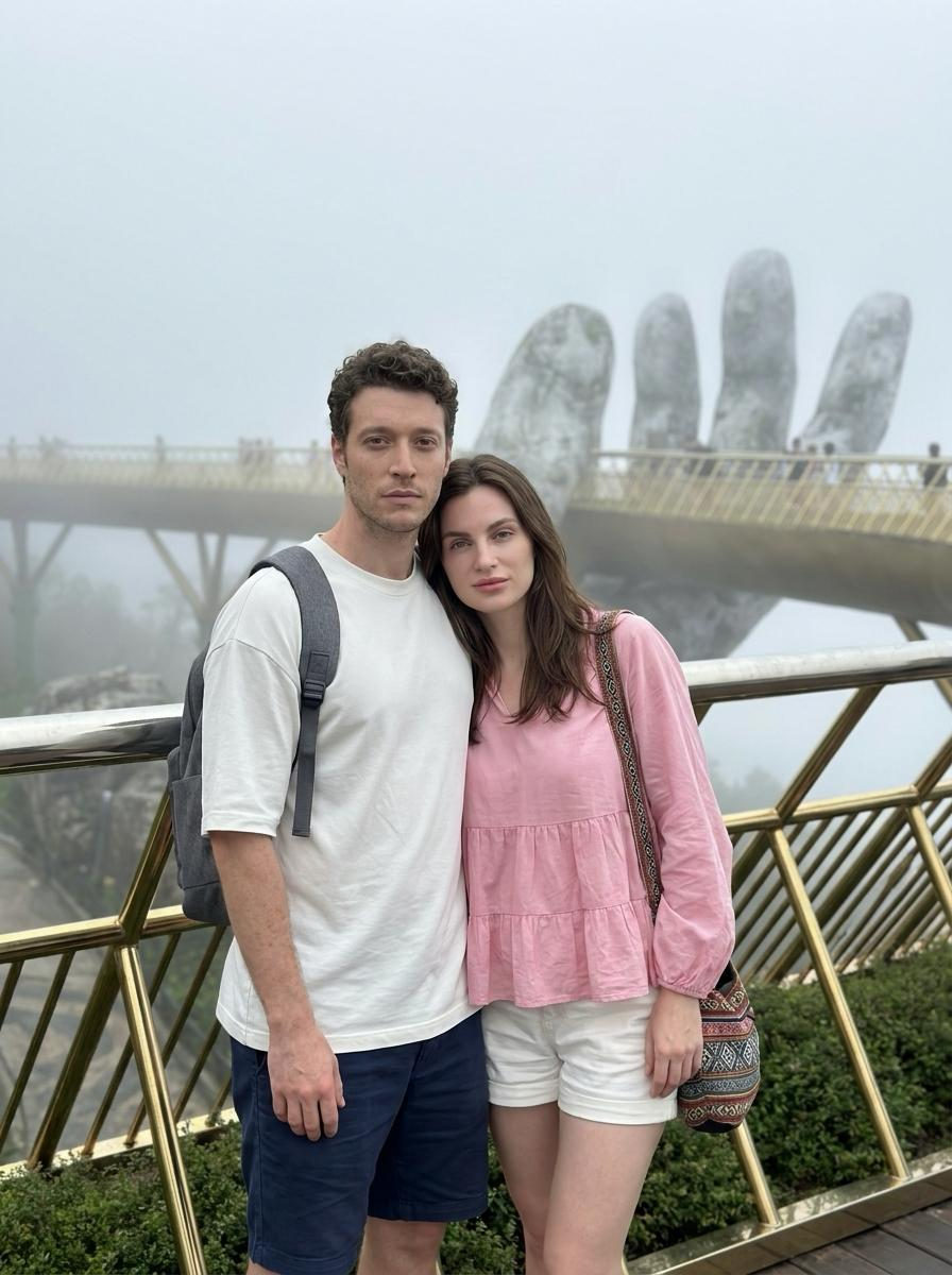 Couple standing on a viewing platform in front of the Giant Hands Bridge, shrouded in fog.
