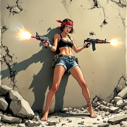 A short haired girl with freckles wears a red bandana and brandishes two smoking MP5 machine guns against a ruined wall, barefoot.
