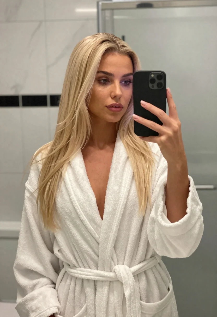 Blonde Woman Taking Mirror Selfie Bathroom While Wearing Open White reference photo