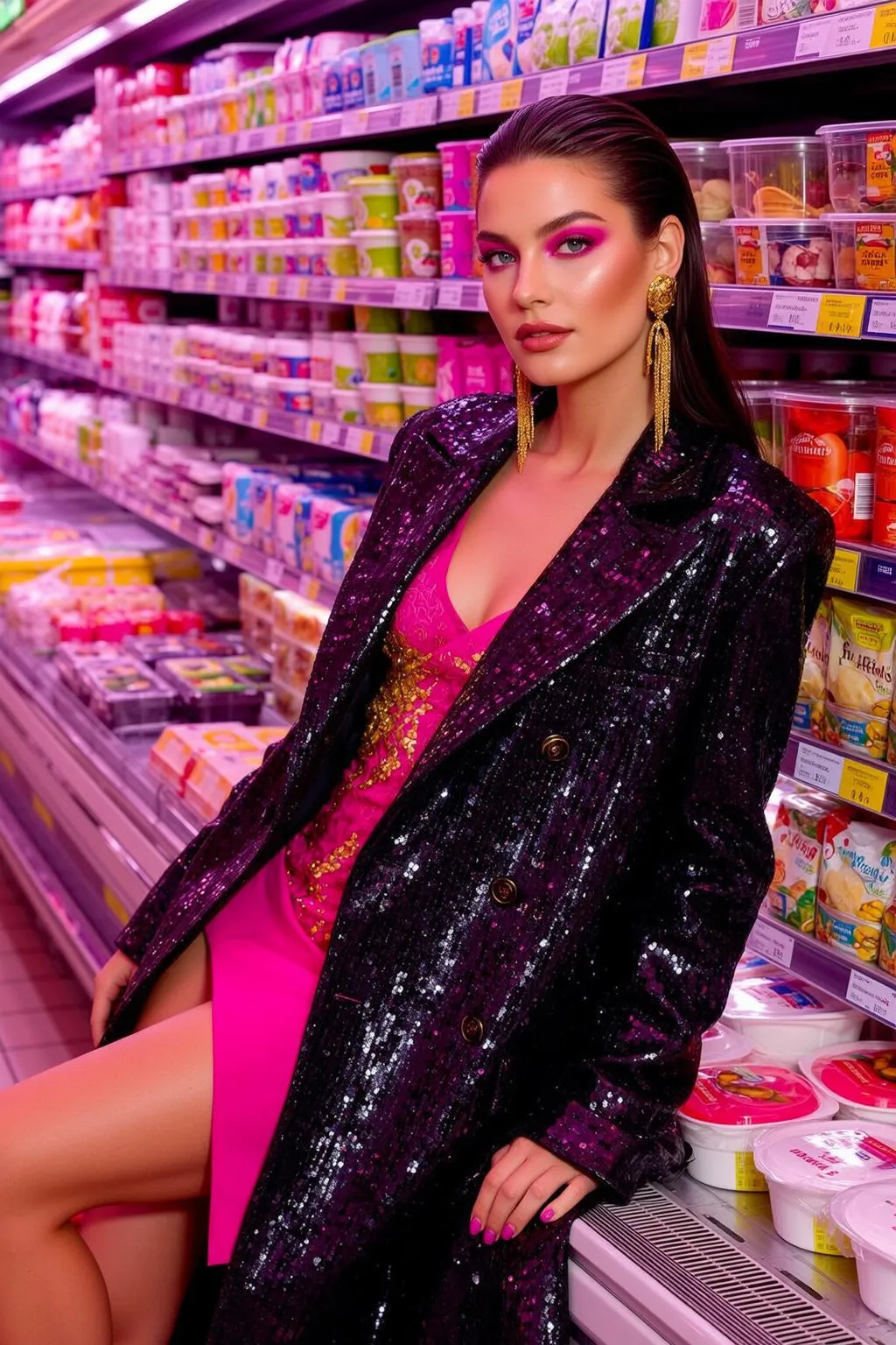Hot Pink Sequin Coat Gold Earrings