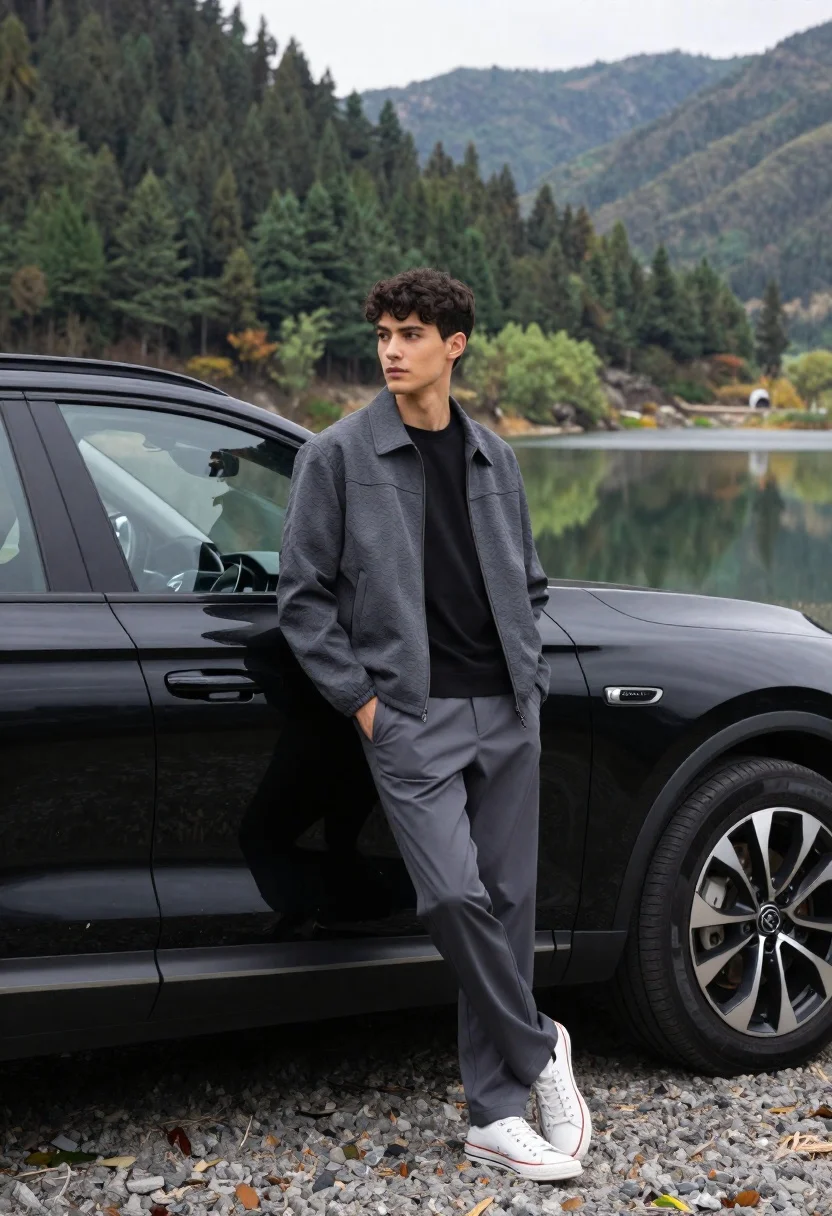 Young Man Leans Casually Against Matte Black Suv Parked Gravel