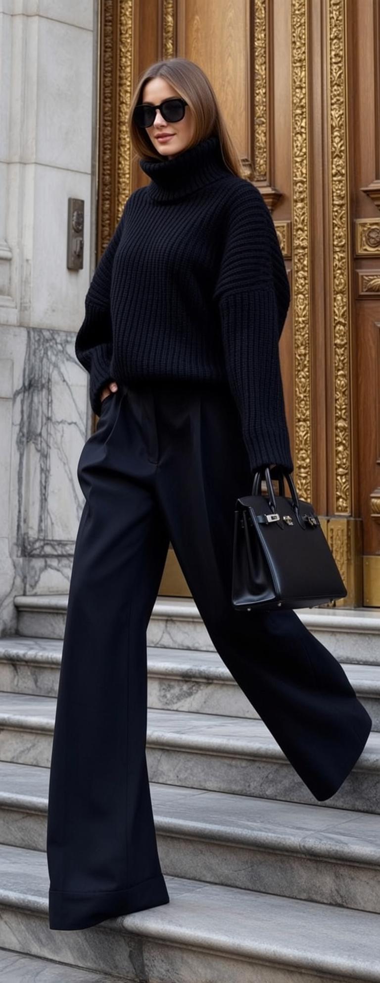 Black Turtleneck Wide Leg Trousers Handbag Sunglasses