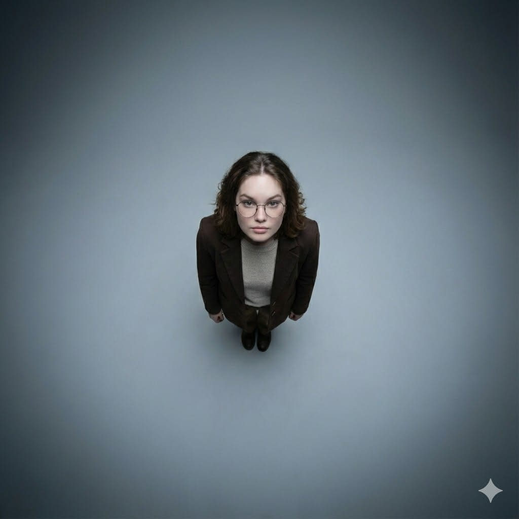 Young woman in dark brown jacket standing under intense overhead lighting, gazing upwards with a soft expression.