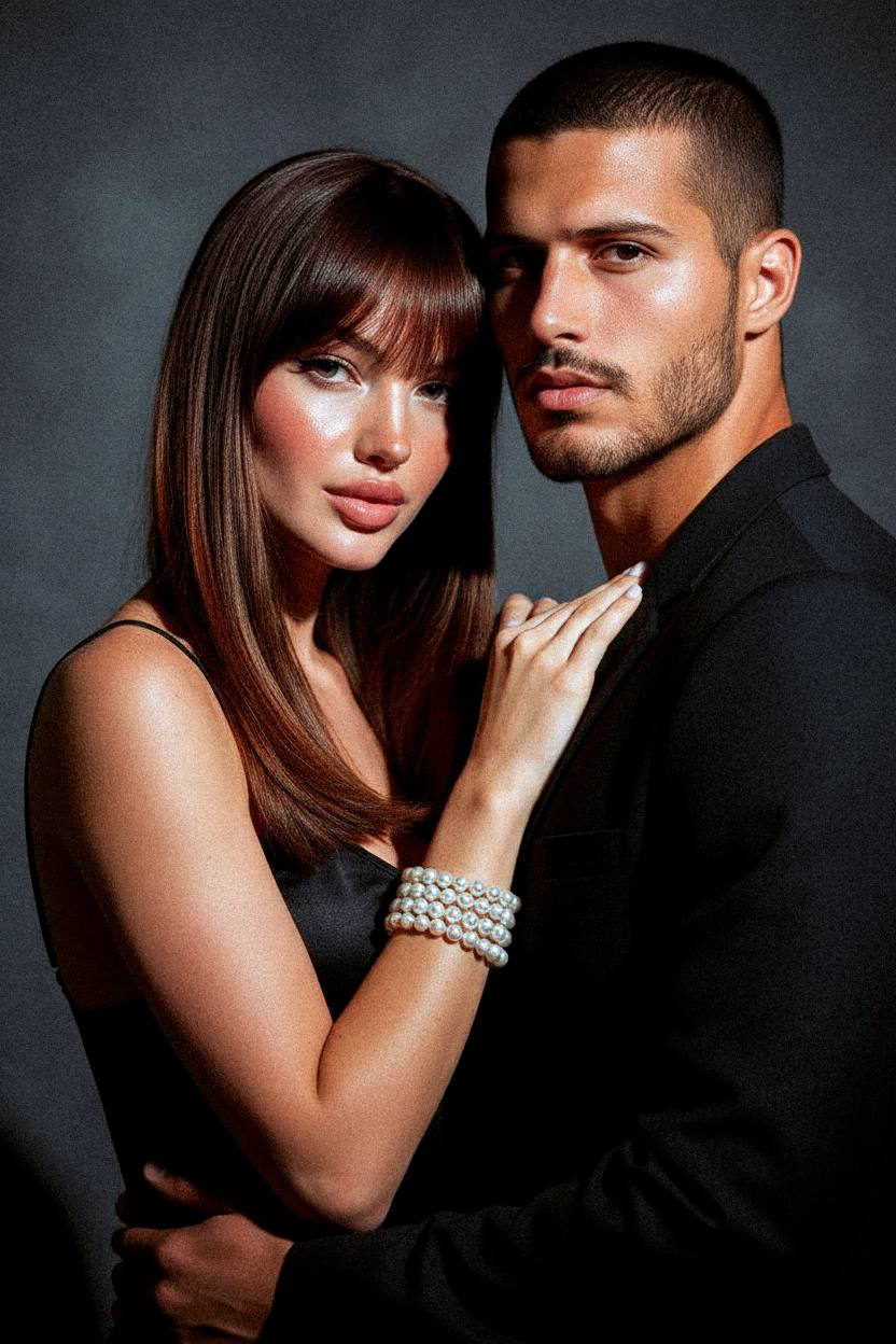 Elegant couple in evening attire poses dramatically with soft lighting and minimal backdrop, conveying confidence.