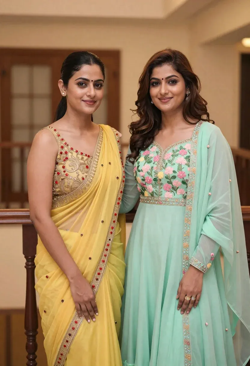Two Young Women Standing Side Side Indoor Setting Wearing Traditional