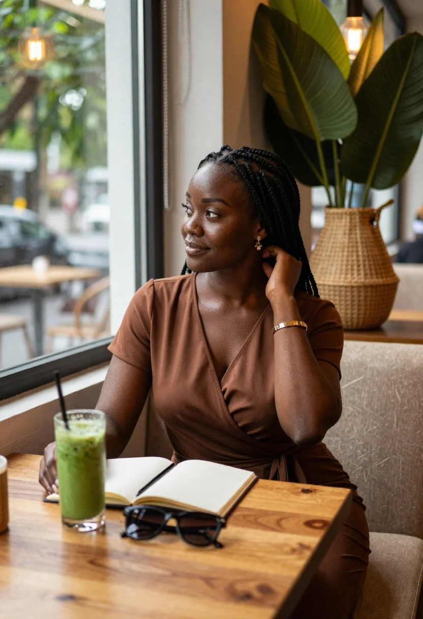 Warm And Inviting Caf Scene Featuring Woman Seated Wooden Table reference photo