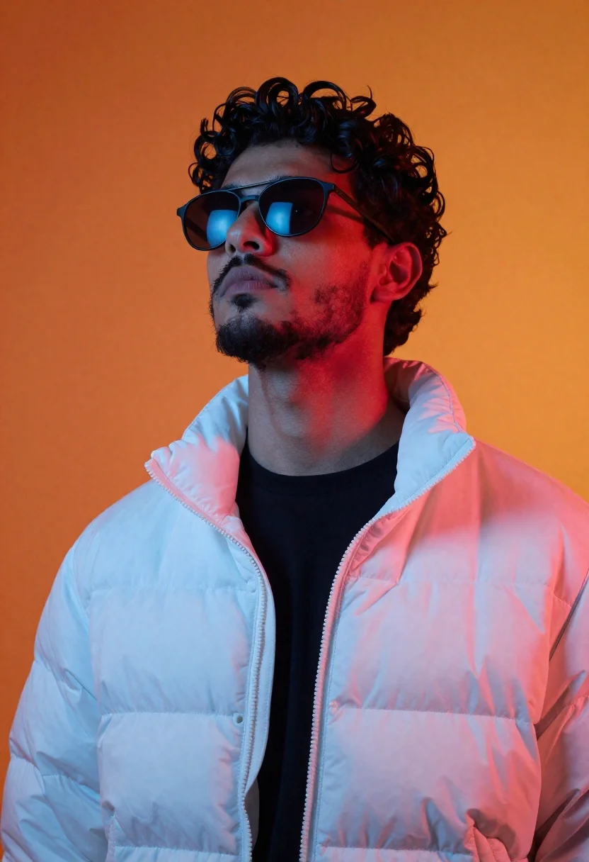 A young man with dark curly hair and a short beard gazes up, wearing reflective sunglasses and a white puffer jacket, against an orange backdrop.