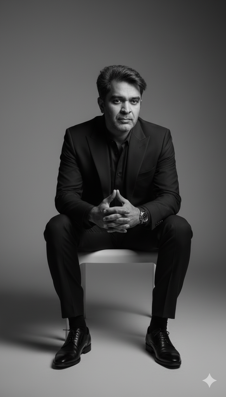 A man in a tailored dark suit sitting on a modern chair, captured in a black and white artistic portrait with sculpted shadows.