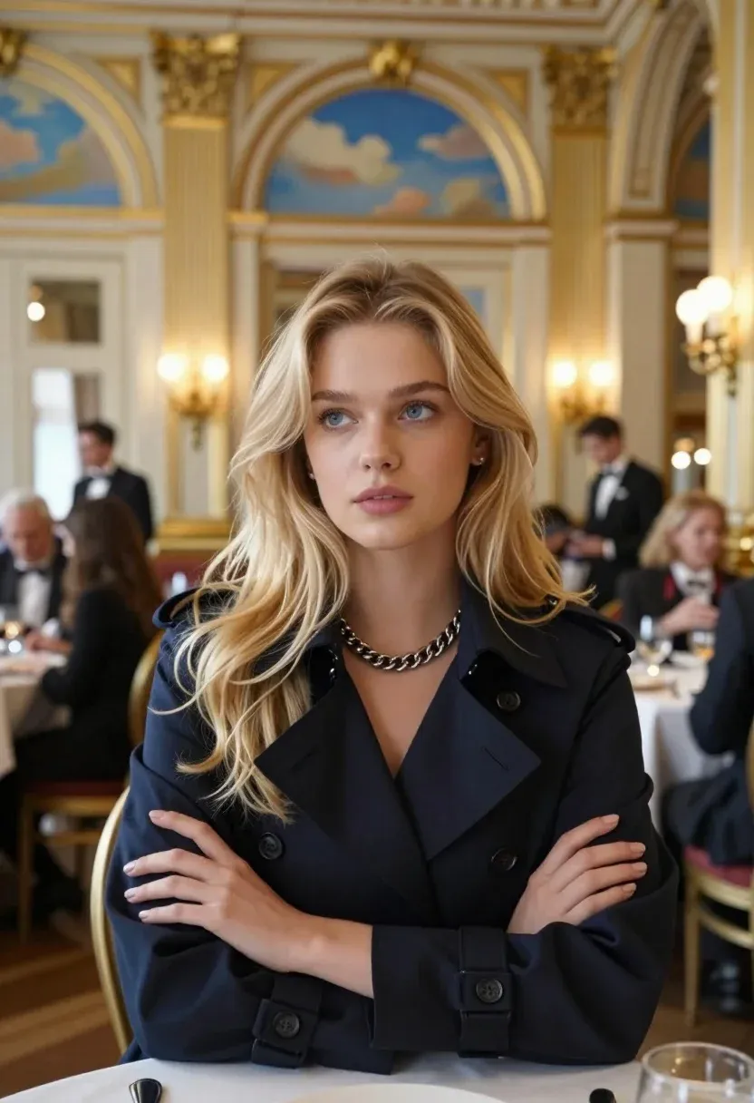 Young Woman With Long Wavy Blonde Hair Sits Table Opulent