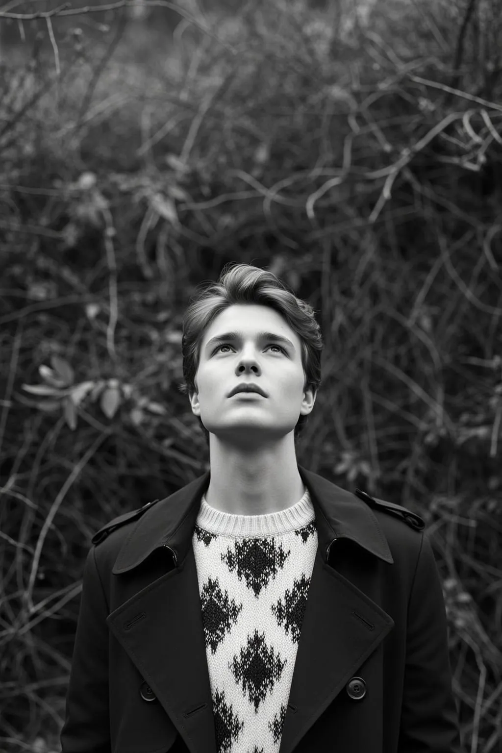 Photorealistic Portrait Young Man Looking Upwards With His Head Tilted