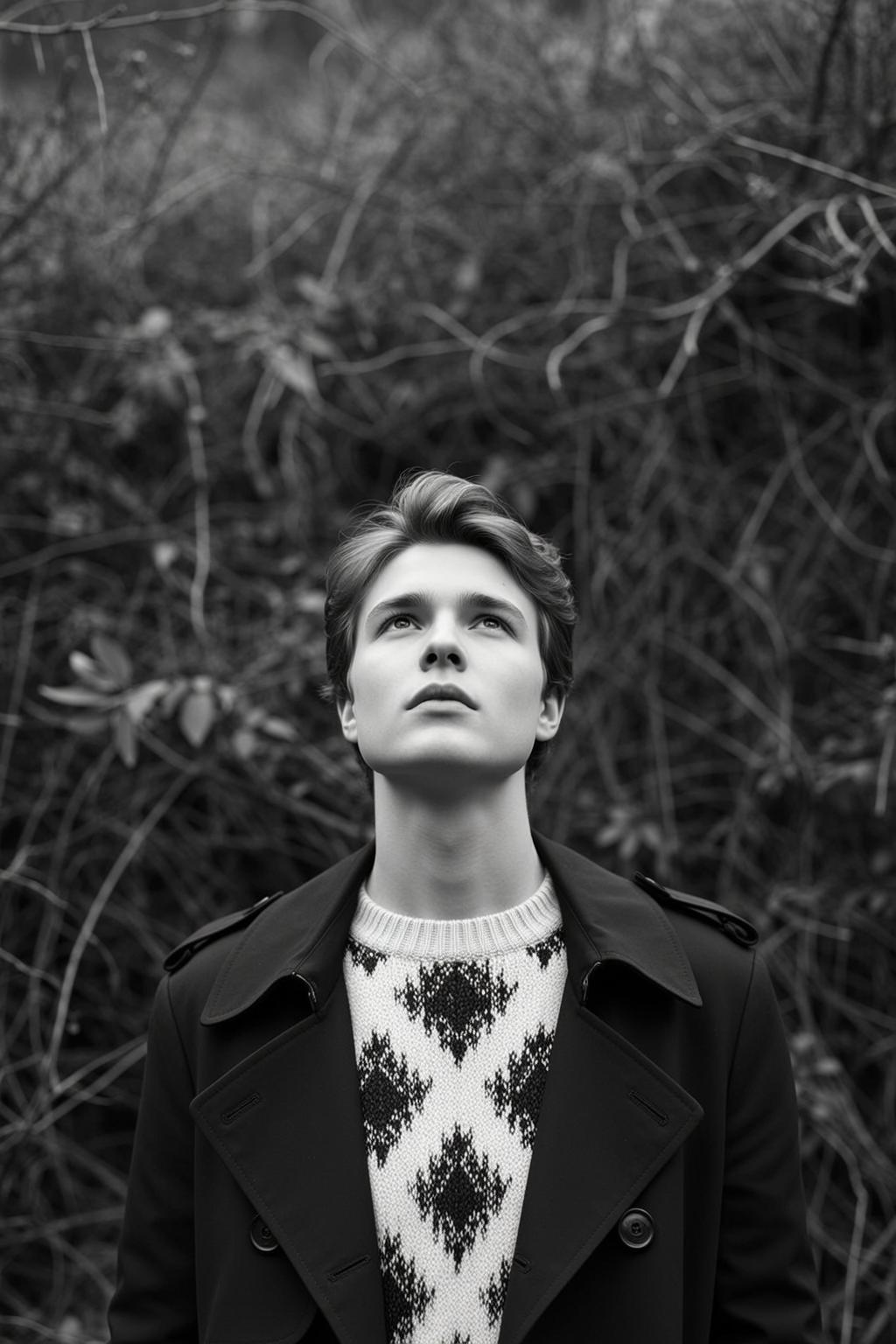 Photorealistic Portrait Young Man Looking Upwards With His Head Tilted