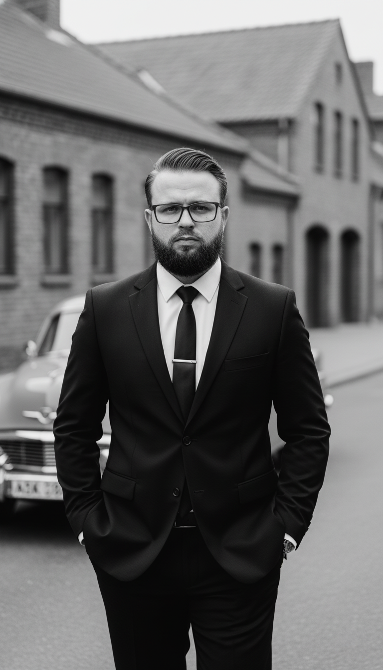 Modelo masculino adulto em terno clássico preto caminhando confiante, com fundo de construções e um carro antigo.
