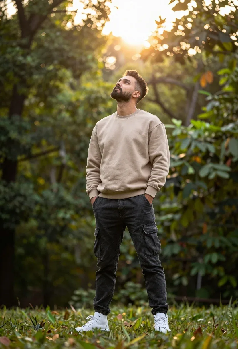 Man Stands Confidently With His Hands His Pockets Gazing Upward